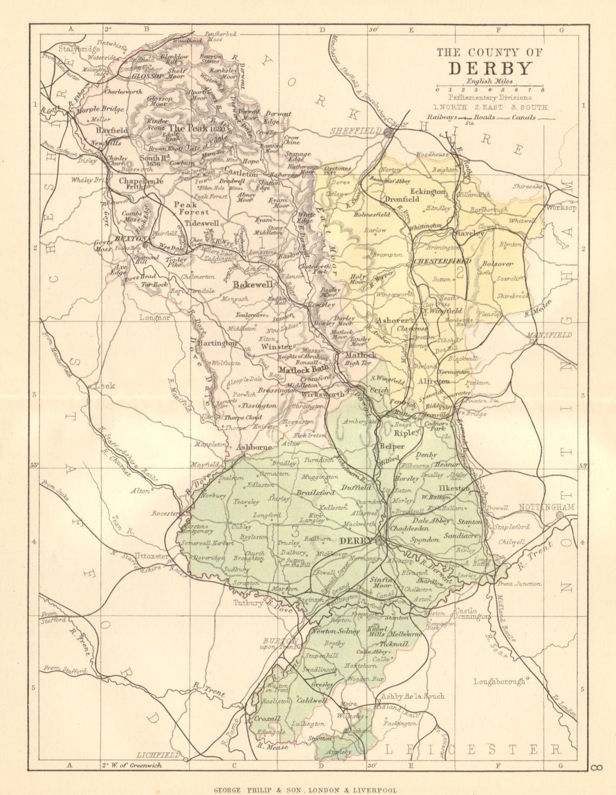 DERBYSHIRE. Antique county map. Railways canals. Constituencies. PHILIP 1884